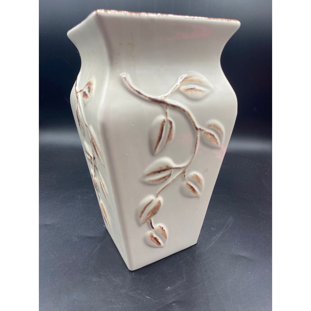 Vintage White Ceramic Pottery Vase with Brown Raised relief plant - Picture 2 of 5